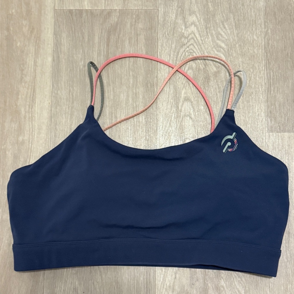 Peloton Speed Up Bra, navy blue and colorful straps XL Cycling Hiking Yoga